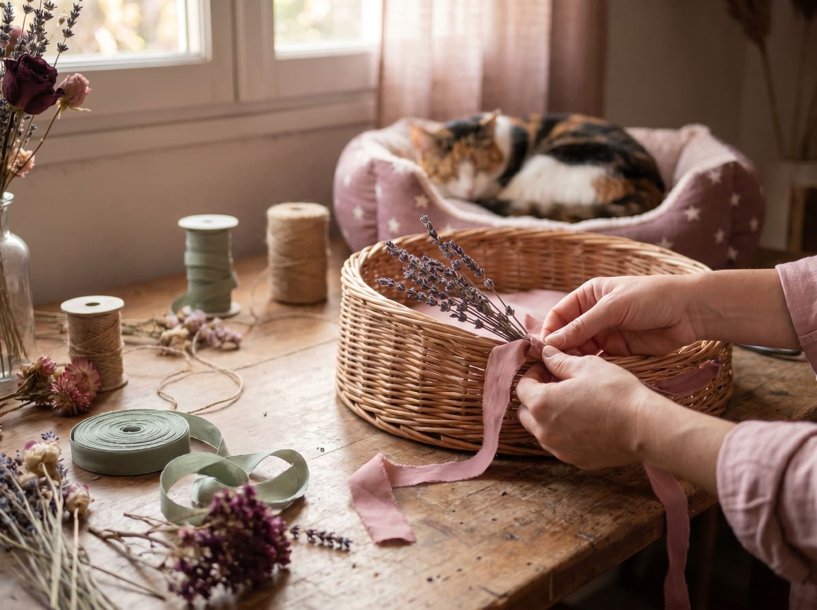 Atelier domestique avec un coussin peluche et des matériaux textiles posés sur une table en bois clair