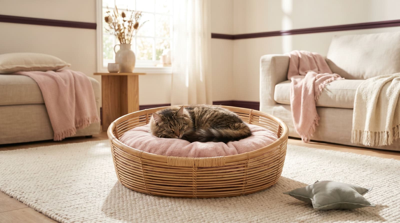 Un chat lové dans un panier rotin tressé, posé près d'un fauteuil tissu, lumière naturelle de fin d'après-midi